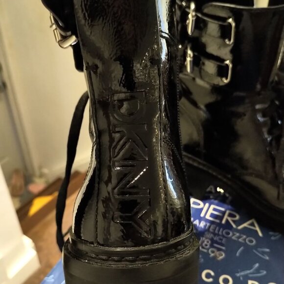 Brand NEW Designer DKNY Combat Boots Moto Boots Patent Leather Black BART 6.5 - Picture 10 of 16